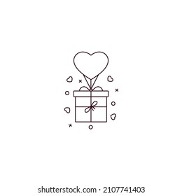 Caja de regalo sobre el icono de la línea de paracaídas en forma de corazón sobre fondo blanco. Símbolo de esquema vector Giftbox para boda, matrimonio, compromiso, celebración del Día de San Valentín.