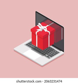 Gift box on laptop screen isometric view. Vector illustration