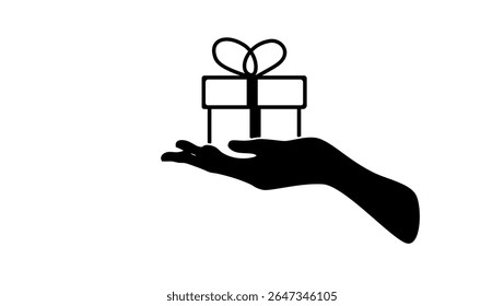 Caja de regalo en la mano de la palma, silueta aislada negra