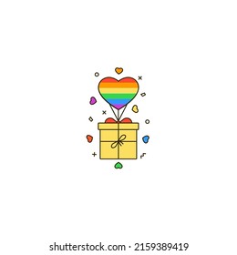 Gift box on rainbow heart shaped parachute