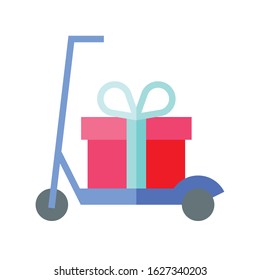 Gift box on scooter vector illustration, flat design icon