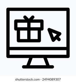 Caja De Regalo En La Pantalla, Computadora, Comercio Electrónico, Icono De Vector De Regalo, Icono Aislado Lineal.