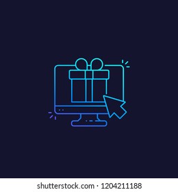 gift box on screen, e-commerce line vector icon