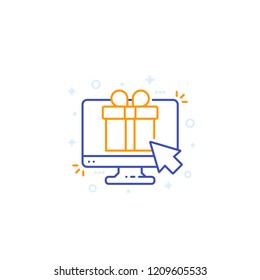 gift box on screen, e-commerce line icon