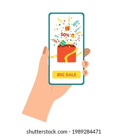 Caja de regalo en una pantalla de smartphone, desde la que salen los descuentos, regalos, streamers y confetti. Concepto de compra en línea a través de la aplicación, venta, descuento y bonificación.Aislado en ilustración de vector blanco