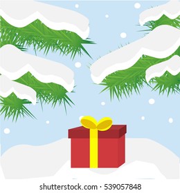 Gift box on snowdrift in forest