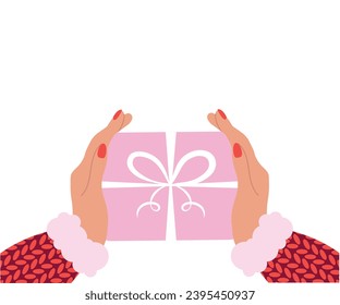 Gift box on the table, top view. The girl is holding a box in her hands. Women's hands received a gift. The box is decorated with a bow. Vector illustration.
