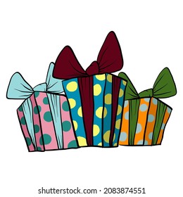 Caja de regalo sobre un fondo blanco. Dibujado a mano. Muchos regalos. Antecedentes del Día de la Navidad. Ilustración vectorial.