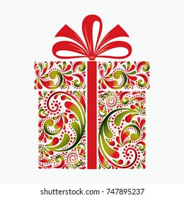 Gift box on white background. Christmas greeting card. It is made by a flower pattern. Isolated object. Print.