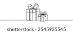 Gift box one line drawing. Continuous one line gift box.Presents with ribbon bow.Hand drawn greeting present box.Line art christmas surprise. Gift boxes stack