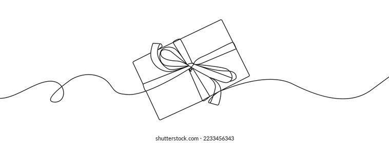 Gift box one line drawing. Continuous one line gift box.Presents with ribbon bow.Hand drawn greeting present box.Line art christmas surprise.Christmas gift.