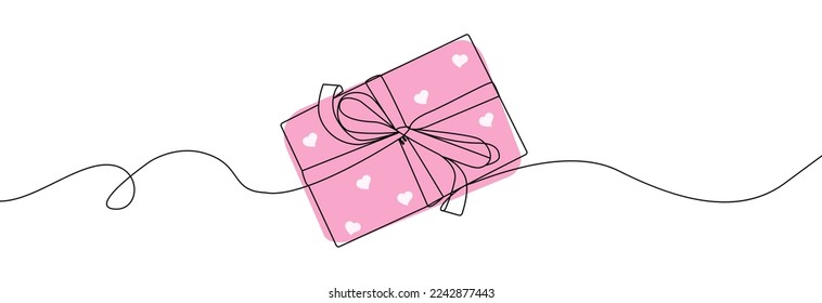 Gift box one line drawing. Continuous one line gift box.Presents with ribbon bow.Hand drawn greeting present box.Line art christmas surprise.Pink gift box with a hearts