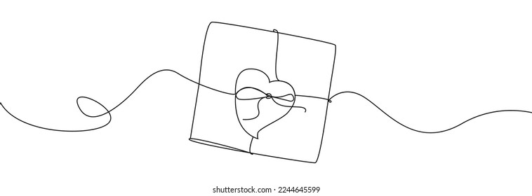 Gift box one line drawing. Continuous one line gift box.Presents with ribbon bow.Hand drawn greeting present box.Line art christmas surprise.Gift box with a heart.