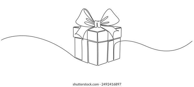 Gift box one line drawing. Continuous one line gift box.Presents with ribbon bow.Hand drawn greeting present box.Line art christmas surprise.