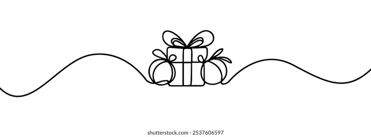 Caja de regalo de una línea de dibujo. Caja de regalo continua de una línea. Presenta con arco de cinta. Caja de regalo de saludo dibujada a mano. Sorpresa de Navidad de arte de línea.