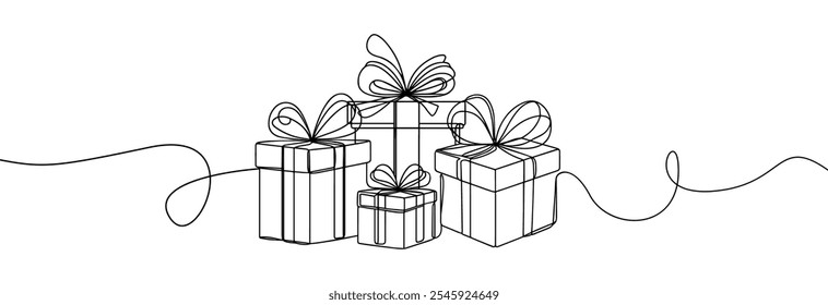 Desenho de uma linha na caixa de presente. Uma linha contínua presente box.Presents com arco de fita.Hand desenhado saudação presente box.Line arte natal surpresa. Pilha de caixas de presente