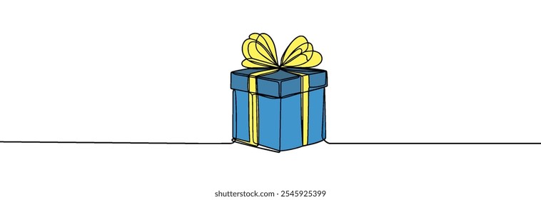  Gift box one line drawing. Continuous one line gift box.Presents with ribbon bow.Hand drawn greeting present box.Line art christmas surprise.