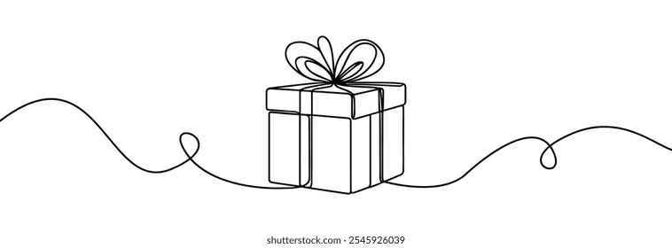  Gift box one line drawing. Continuous one line gift box.Presents with ribbon bow.Hand drawn greeting present box.Line art christmas surprise.