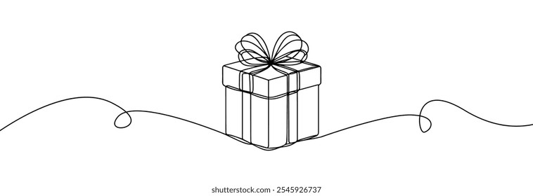  Desenho de uma linha na caixa de presente. Uma linha contínua presente box.Presents com arco de fita.Hand desenhado saudação presente box.Line arte natal surpresa.