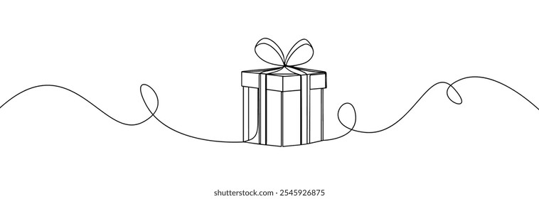  Gift box one line drawing. Continuous one line gift box.Presents with ribbon bow.Hand drawn greeting present box.Line art christmas surprise.