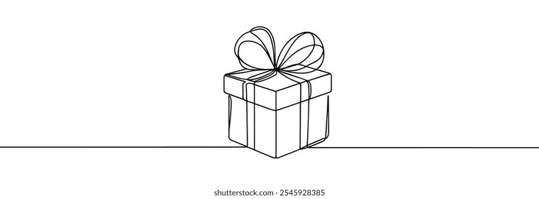  Gift box one line drawing. Continuous one line gift box.Presents with ribbon bow.Hand drawn greeting present box.Line art christmas surprise.