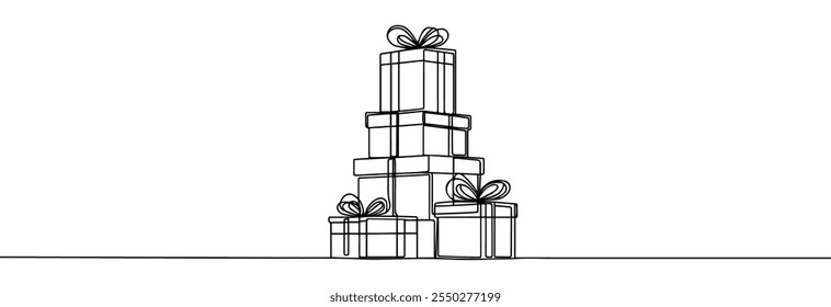 Desenho de uma linha na caixa de presente. Uma linha contínua presente box.Presents com arco de fita.Hand desenhado saudação presente box.Line arte natal surpresa. Pilha de caixas de presente