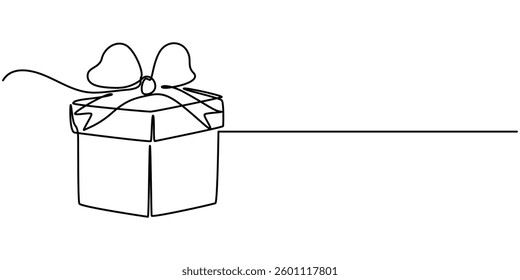 Gift box one line drawing. Continuous one line gift box.Presents with ribbon bow.Hand drawn greeting present box.Line art surprise, Continuous one line drawing of Present or gift box design. Present. 