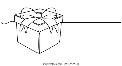 Gift box one line drawing. Continuous one line gift box. Presents with ribbon bow. Hand drawn greeting present box. Line art surprise. Gift boxes stack, Gift Box continuous line drawing with.