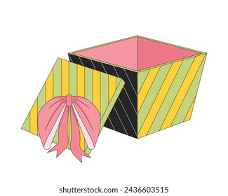 Caja de regalo abierta objeto de dibujos animados lineal 2D. Regalo desenvuelto. Giftbox abrió el fondo blanco aislado del elemento vector de la línea. Cumpleaños, día de Navidad. Sorpresa paquete de color plano ilustración