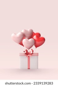 Gift box open balloon heart floating pink background love valentine concept vector 3D