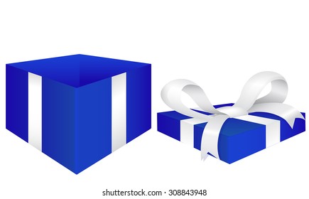 Gift box open  with blue bow and ribbon.  Vector illustration isolated on white background