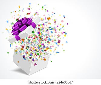 Gift box open and with bow and ribbon vector illustration. Fireworks sparkles and confetti.