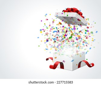 Gift box open and with bow and ribbon vector illustration. Fireworks sparkles and confetti. 