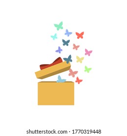 Gift box is open, butterflies fly out from the inside. Vector illustration, flat cartoon design isolated on white background, eps 10.