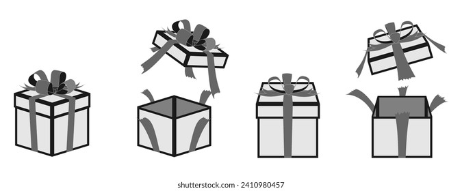 gift box open and close with ribbon, flat design with black and gray color, vector illustration isolated on white background.