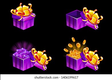 Gift Box Open And Closed. Cartoon Isometric Gift With Coins And Gems, Vector Bonus Icons For UI Game Resources.