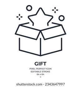 Gift box open editable stroke outline icon isolated on white background flat vector illustration. Pixel perfect. 64 x 64.