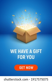 Gift box open explosive present vector illustration. Open gift box banner background