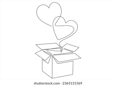 gift box open heart floating background love valentine concept. one line continuous drawing. 