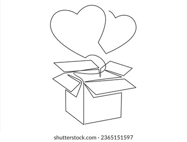 gift box open heart floating background love valentine concept. one line continuous drawing. 