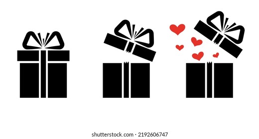 Geschenkbox und offene Geschenkbox Herzen Symbole. Vektorgrafik einzeln auf weißem Hintergrund