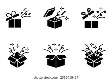 Gift box open icon set, Magic box and magic stars, Surprise symbol. vector illustration on white background