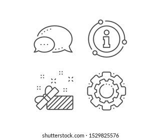 Gift box open line icon. Chat bubble, info sign elements. Christmas or New year present sign. Surprise symbol. Linear present outline icon. Information bubble. Vector
