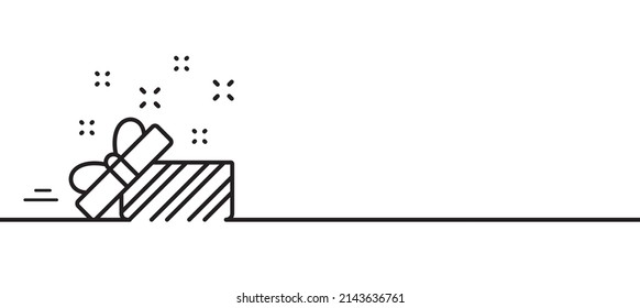 Gift box open line icon. Christmas or New year present sign. Surprise symbol. Minimal line illustration background. Present line icon pattern banner. White web template concept. Vector