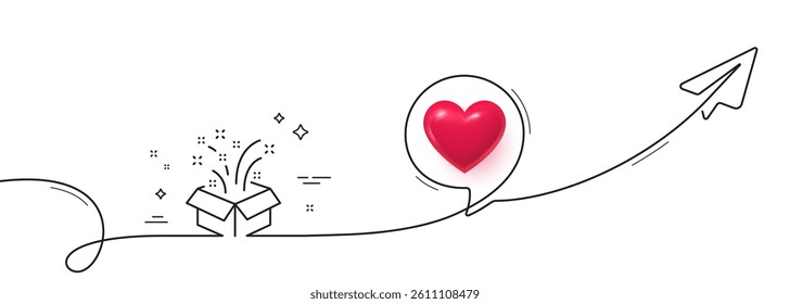 Gift box open line icon. Continuous line with share plane. Christmas or New year presents sign. Surprise symbol. 3d heart in speech bubble. Gift single line ribbon. Loop curve pattern. Vector