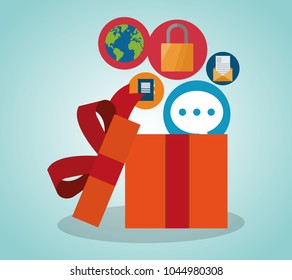 Gift box open with multimedia symbols