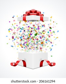 Gift box open and with red bow and ribbon vector illustration. Fireworks sparkles and confetti. 