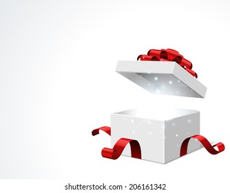Gift box open and with red bow and ribbon vector illustration. Fireworks sparkles and confetti. 