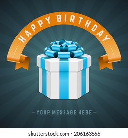 Gift box open and with red bow and ribbon vector illustration. Fireworks sparkles and confetti. 