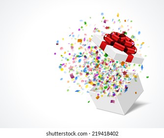 Gift box open and with red bow and ribbon vector illustration. Fireworks sparkles and confetti. 